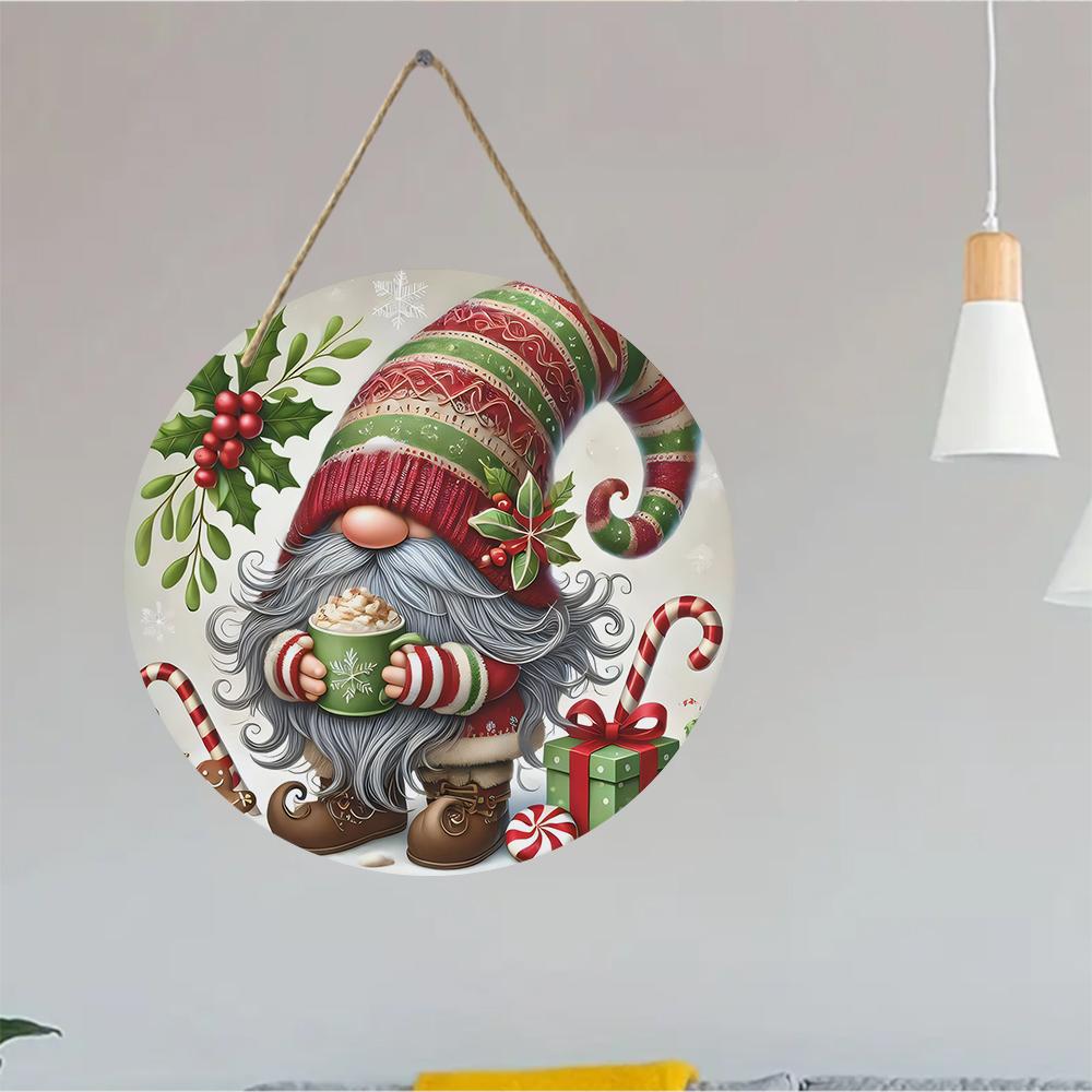 Christmas gnome pattern wooden wall sign, Round Wooden Hanging Plaque, festive holiday home decor, front door welcome ornament Xmas gifts