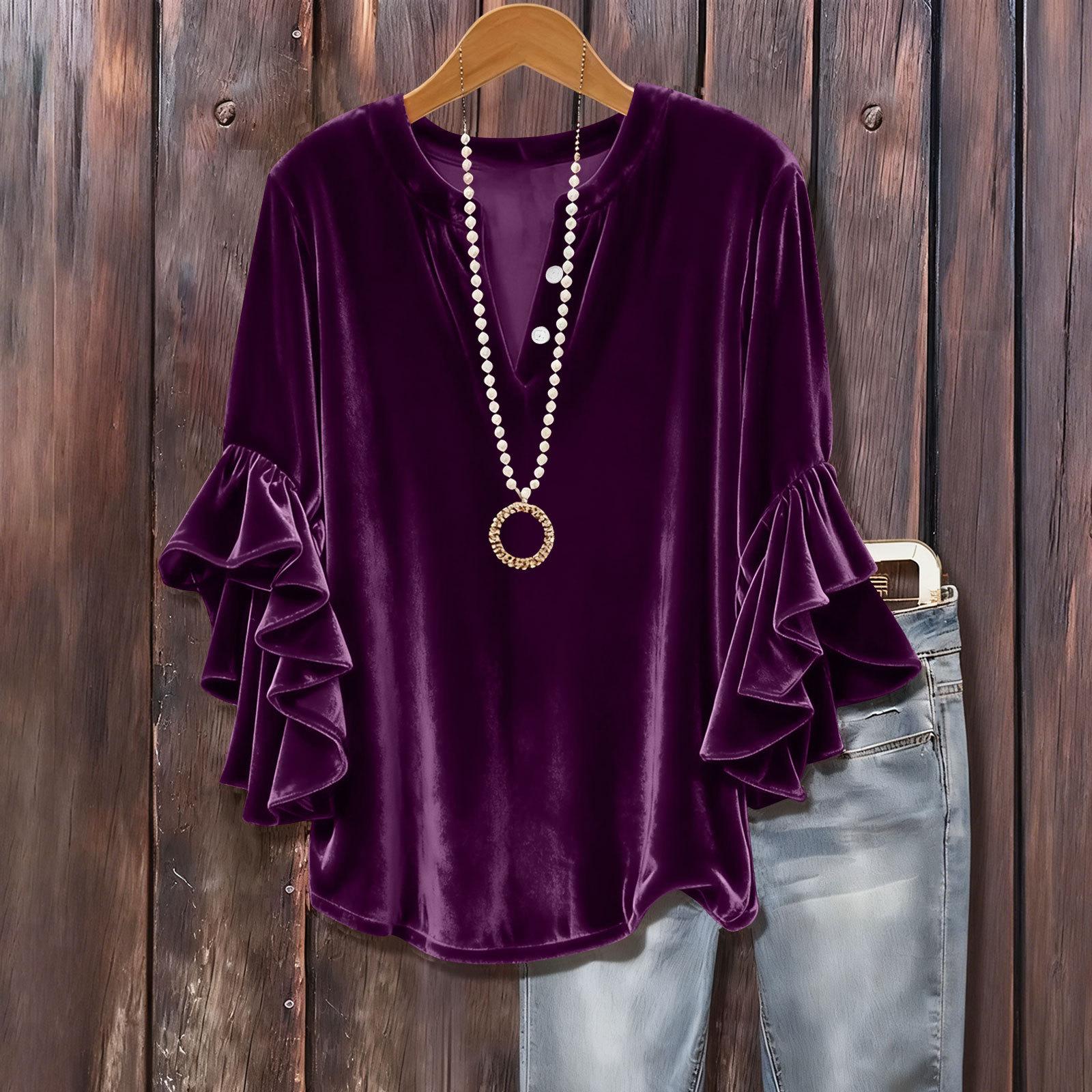 

Жіночий модний однотонний топ з V-подібним вирізом, рукавом сім чвертей, на ґудзиках, універсальний, вільного крою, з рукавами-кльош, з золотого велюру XL фіолетовий