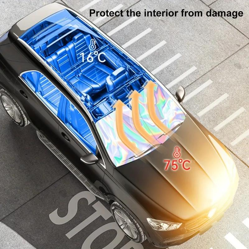 1pc Car Sun Shade, Summer Windshield Sunshade, Foldable Laser Sun Protector, Keeps Vehicle Cool, Interior Protection, UV Rays