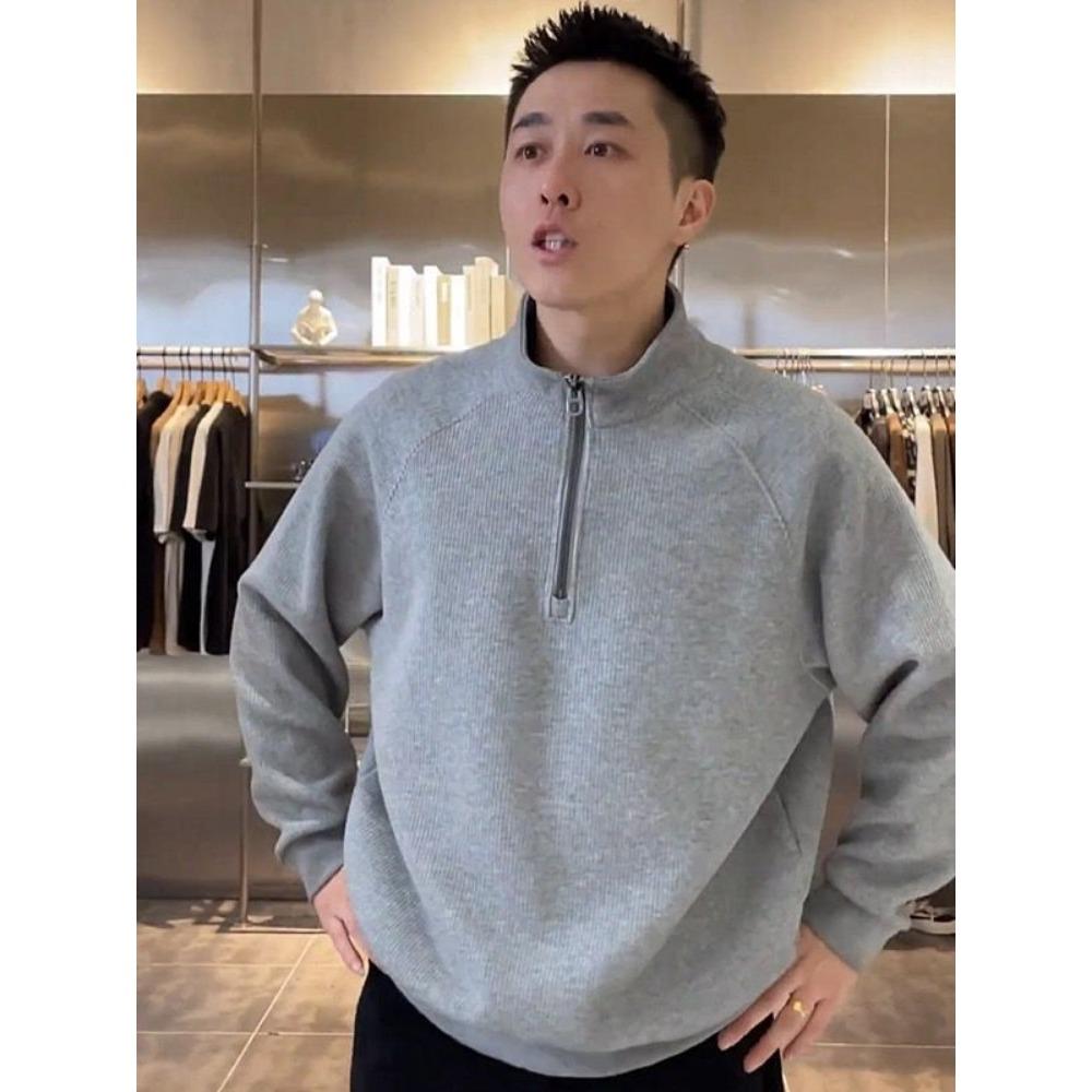 

Новая текстурированная толстовка с воротником-стойкой для мужчин на половину молнии, простая однотонная, универсальная, свободного кроя, с длинным рукавом, повседневный топ XXXL серый