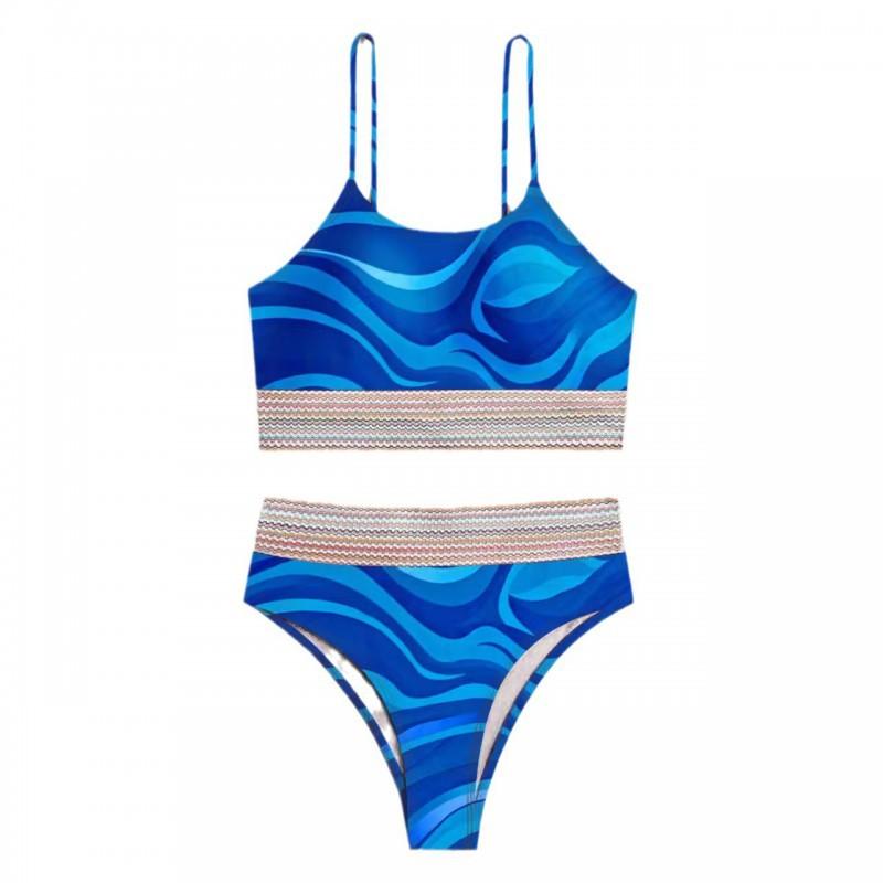 Costume da bagno Donna Pezzo unico Sexy Bikini Vita Alta Stampa Blu Copri pancia Collo Stretto
