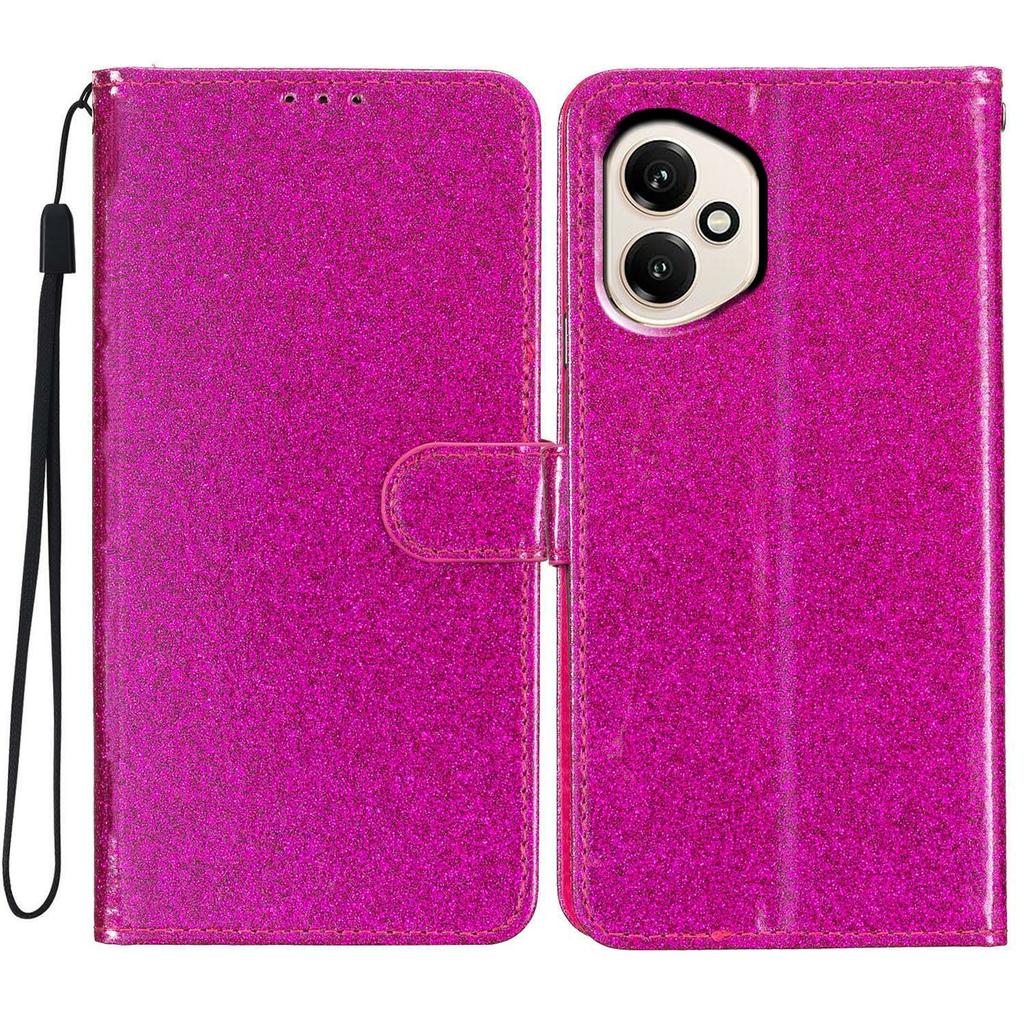 Für Honor 400 5G (Global) Glitzernde Kratzfeste Leder-Ständer-Handyhülle mit Riemen