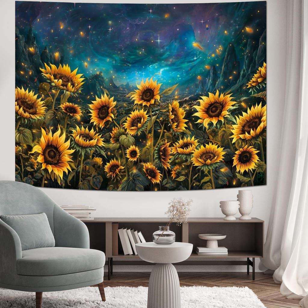 Heynvioo Sunflower Tapestry Galaxy Space Tapestry Fall Yellow Floral Plants Tapestries Starry Sky Mountain Nature Tapestries Wall Hanging for Home
