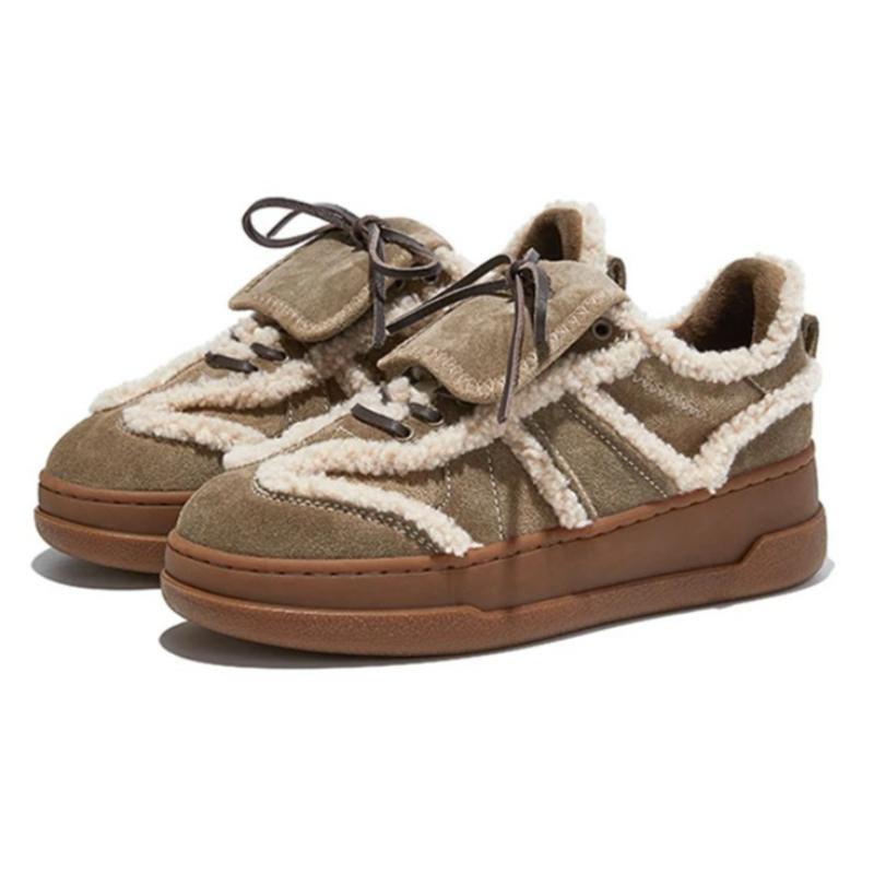 

Genuine Leather Fleece-lined Sneakers Women Fashion Lace Up Sewing Derby Shoe Comfortable Non-Slip Winter Women Sneaker 40 хакі