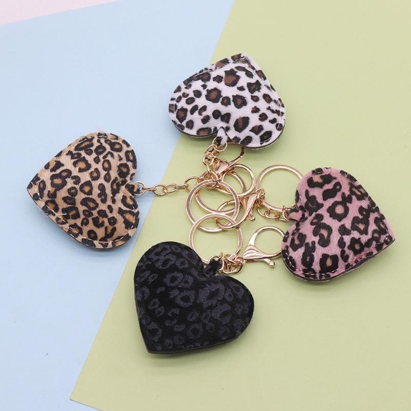 Leopard Print Heart Shaped Keychain with Metal Hook PU Leather Accessory for Fashionable Everyday Carry Item