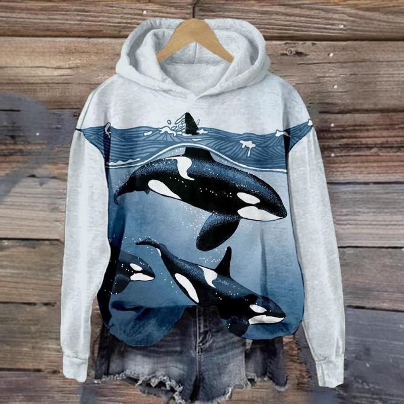 Womens 3D Printed Hooded Long Sleeve Sweatshirt Whale Shark Ocean Loose Fit Casual Top 2026 Fall Winter