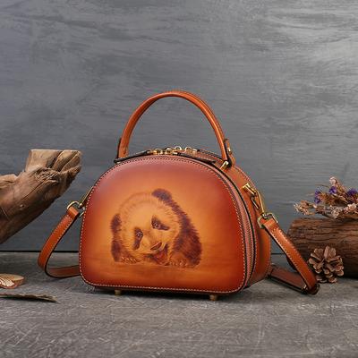 Borsa da donna in vera pelle, borsa vintage fatta a mano con pirografia panda, borsa a tracolla versatile in vera pelle di mucca