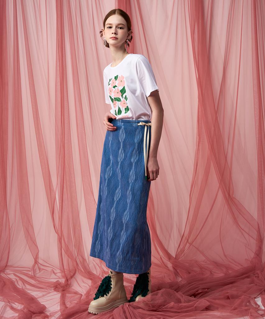 Pelimela Denim Jacquard H-Line Midi Skirt (Blue)