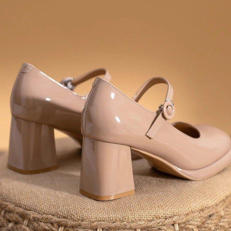 Fashion French Mary Jane Women's Shoes 2025 Nude High Heels Thick Heels Waterproof Platform Round Buckle One-strap Single Shoes