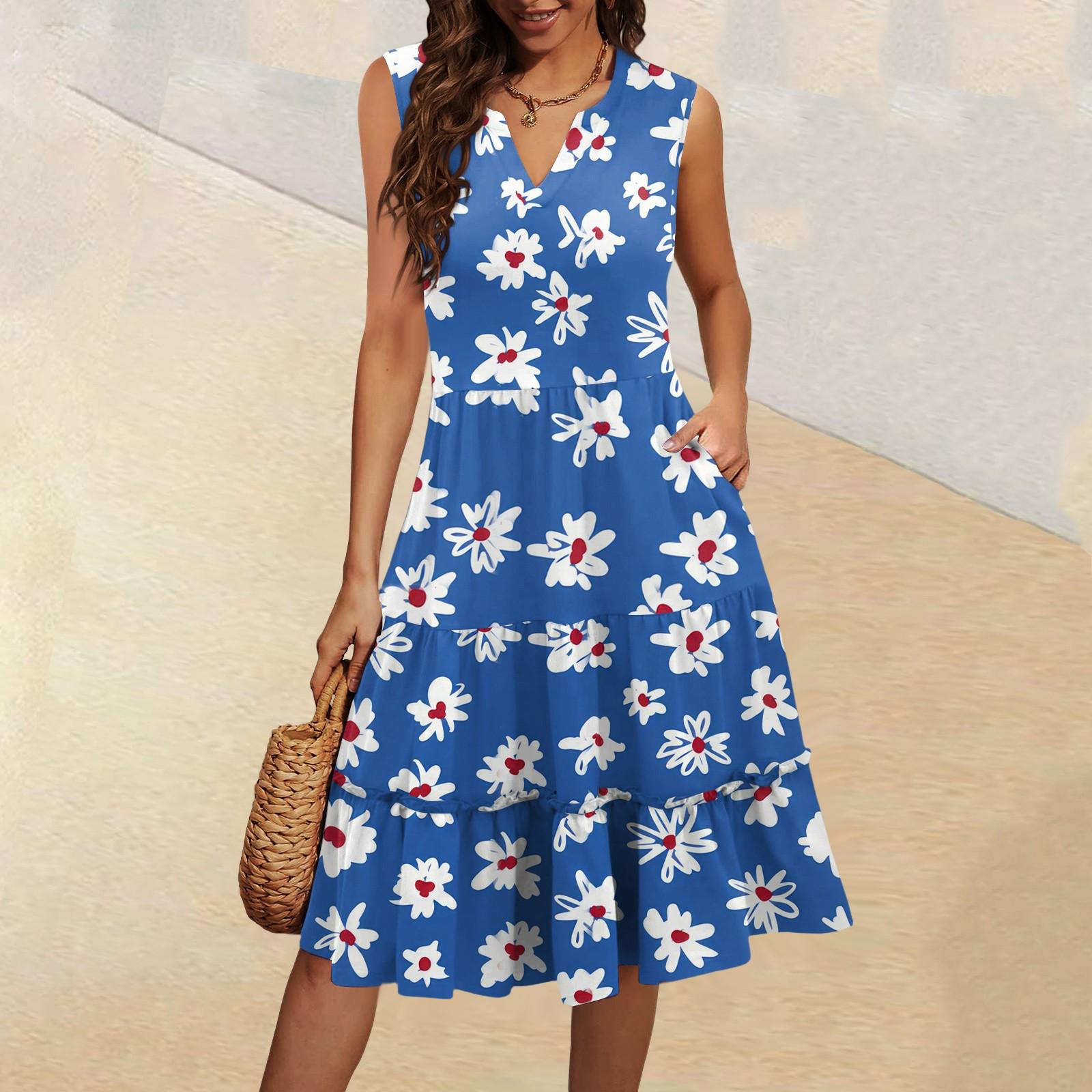 

Жіночі літні повсякденні сукні з V-подібним вирізом, плісе, з воланами, вінтажні, квіткові, без рукавів L синій