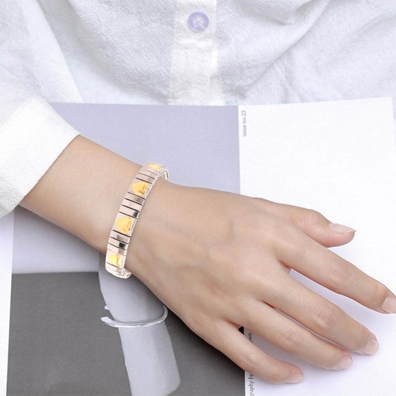 Jewelry Stainless Steel Stretch Bracelet for Women, Flexible Wide Wristband Bangle Bracelets Decorated Golden Pattern