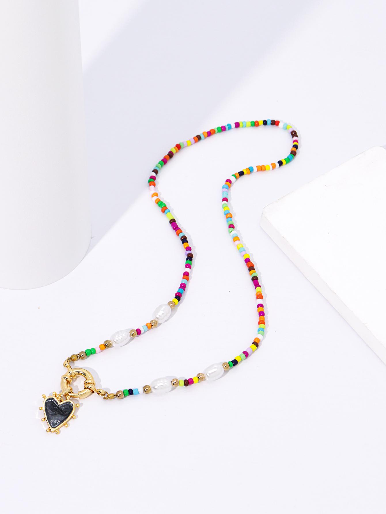

Women s Cute Handmade Beaded Necklace with Heart Pendant & Golden Clasp - Colorful Beads for Vacation Party Jewelry