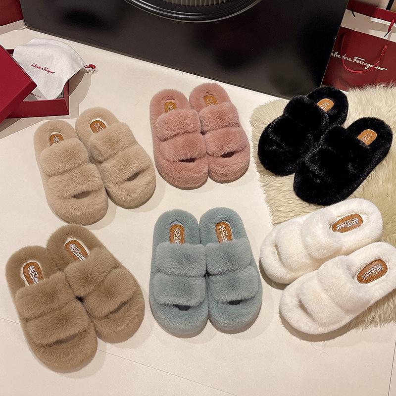 Muffin large size thick bottom height increase and fluffy slippers women wear autumn and winter fashion plush office home cotton mop