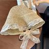 Elegant Ladies' Lace-Trimmed Straw Hat UV-Resistant Sun Protection | Stylish Beige Bucket Hat with Bow Detail for Beach Vacations