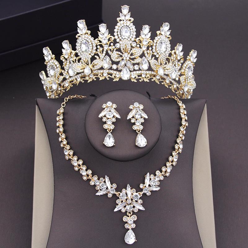 Red Crystal Bridal Jewelry Sets for Women Crown Choker Necklace Tiaras Sets Wedding Prom Bride Costume Jewelry Accessories
