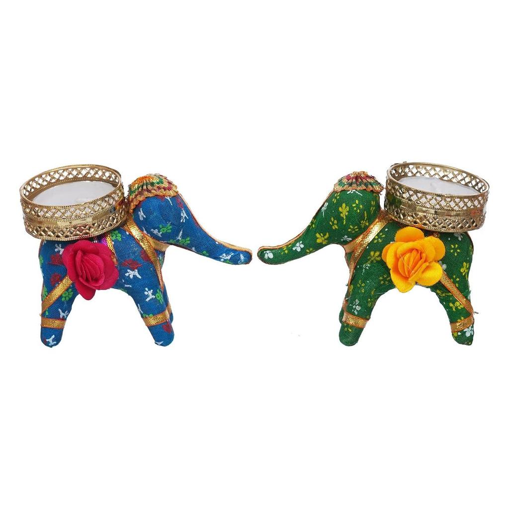 Blue and Green Elephant Decorative Tea Light Candle Holders (Set of 2) - Exquisite Home Decor for Living Rooms