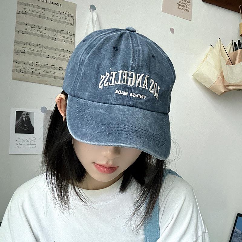 Luochi Washed Denim Distressed Baseball Cap, Retro American Style, Slimming Design, Soft Crown, Gray, Unisex синий