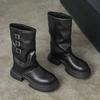 New Women's Boots High Quality Fashionable Round Toe Solid Color Buckle Mid-heeled Sleeve Women's High Boots
