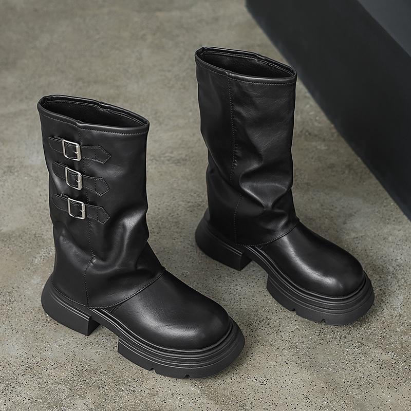 New Women's Boots High Quality Fashionable Round Toe Solid Color Buckle Mid-heeled Sleeve Women's High Boots