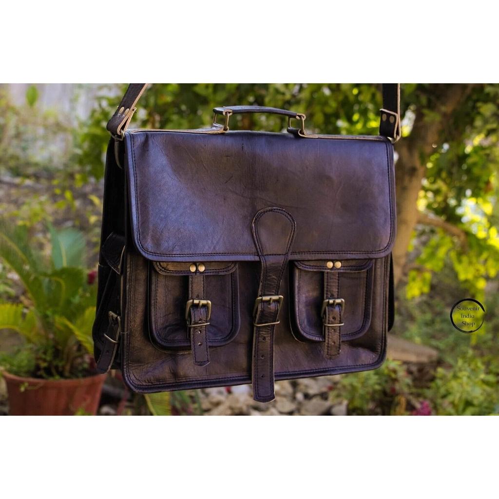 Mens Genuine Vintage Large Black Leather Shoulder Messenger Laptop Bag Briefcase
