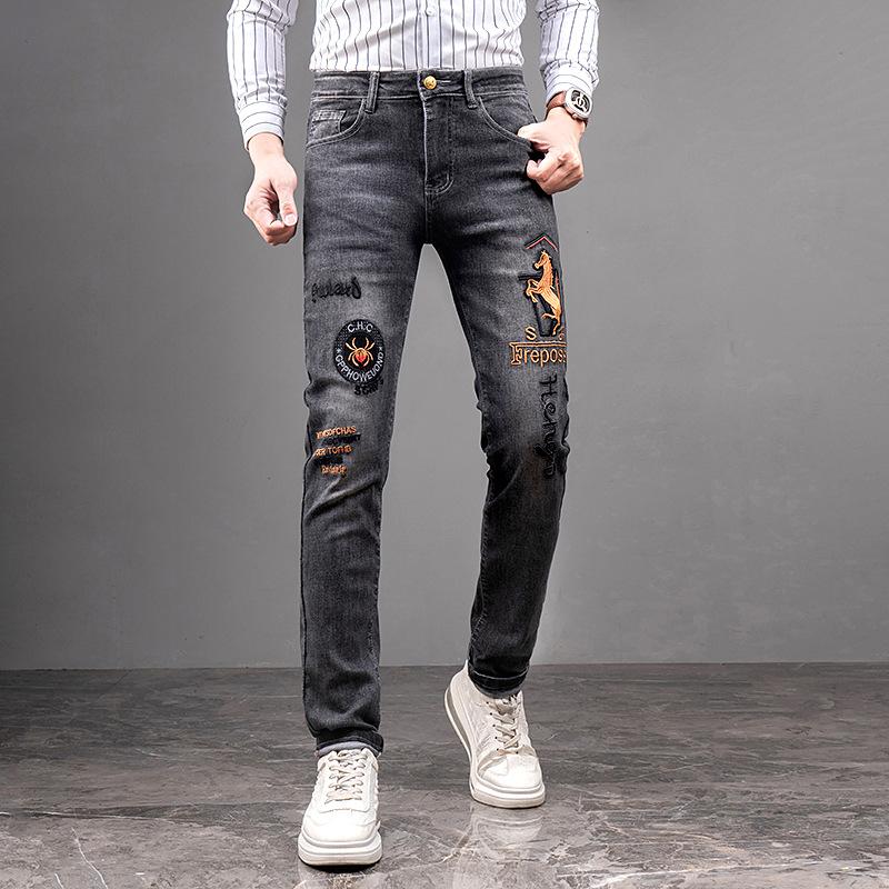 

Европейские и американские вышитые модные фирменные джинсы мужские прямые облегающие эластичные модные высококачественные повседневные ковбойские брюки 38