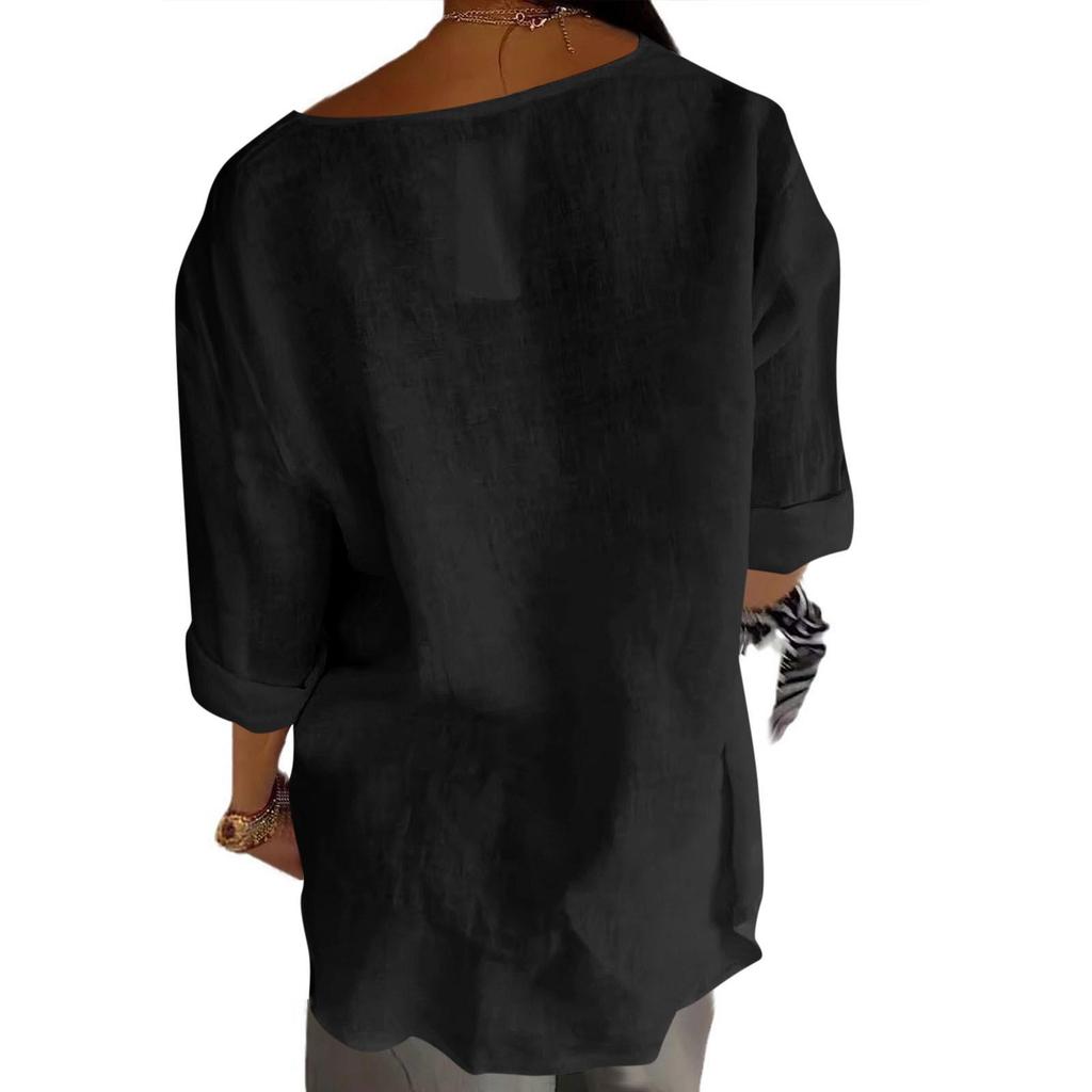 Women's 2025 Summer V-Neck Cotton Linen Button T-Shirt: Loose Fit