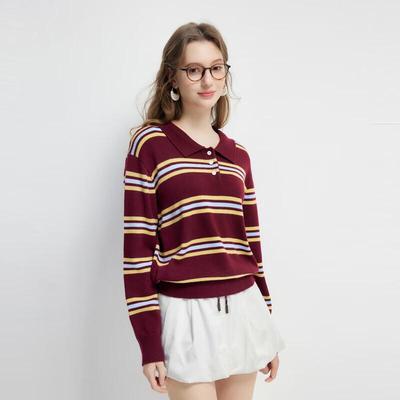 Qiushui Yiren Damen gestreifter Strickpullover mit Polokragen
