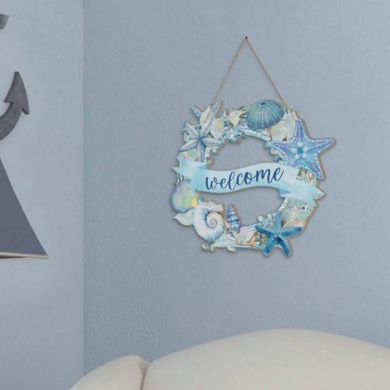Panneau de Porte Étoile de Mer Coquillages Design Aquarelle Bois Décor Plage avec Corde de Suspension Imperméable Extérieur Intérieur Panneau Entrée Bord de Mer Accent Maison