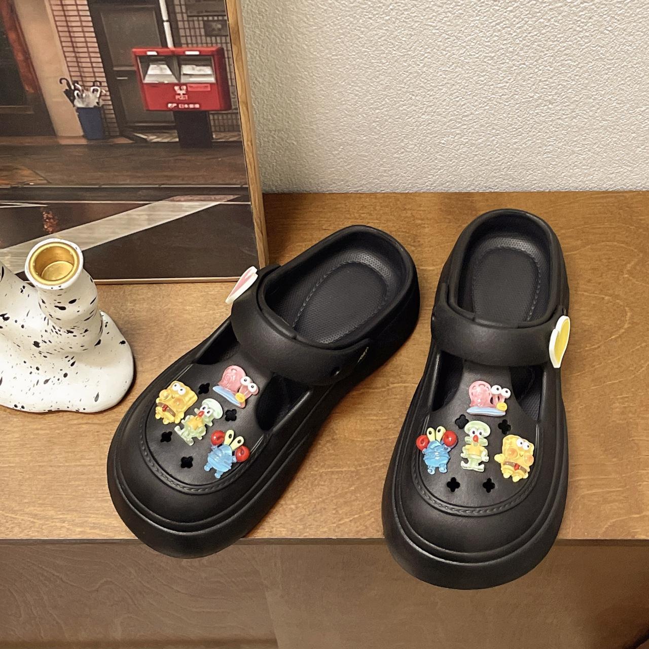 

Fun cute SpongeBob SquarePants hole shoes women s platform cartoon bag head cool slippers non-slip nurse beach shoes 36-37 чёрный