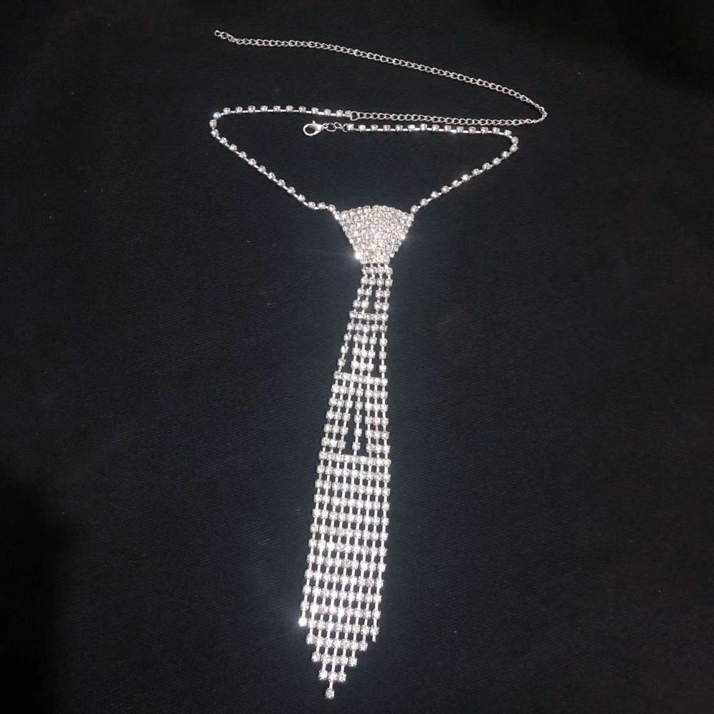 Charm Tie Shape Necklace Exaggerated Crystal Chain Choker Rhinestone Tassel Necklace  Party