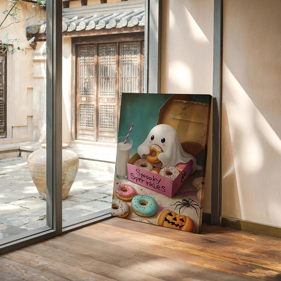 Cute Ghost with Donuts Prints Posters, Spooky Sprinkles Halloween Wall Arts, Funny Halloween Wall Decor Posters, Unframed