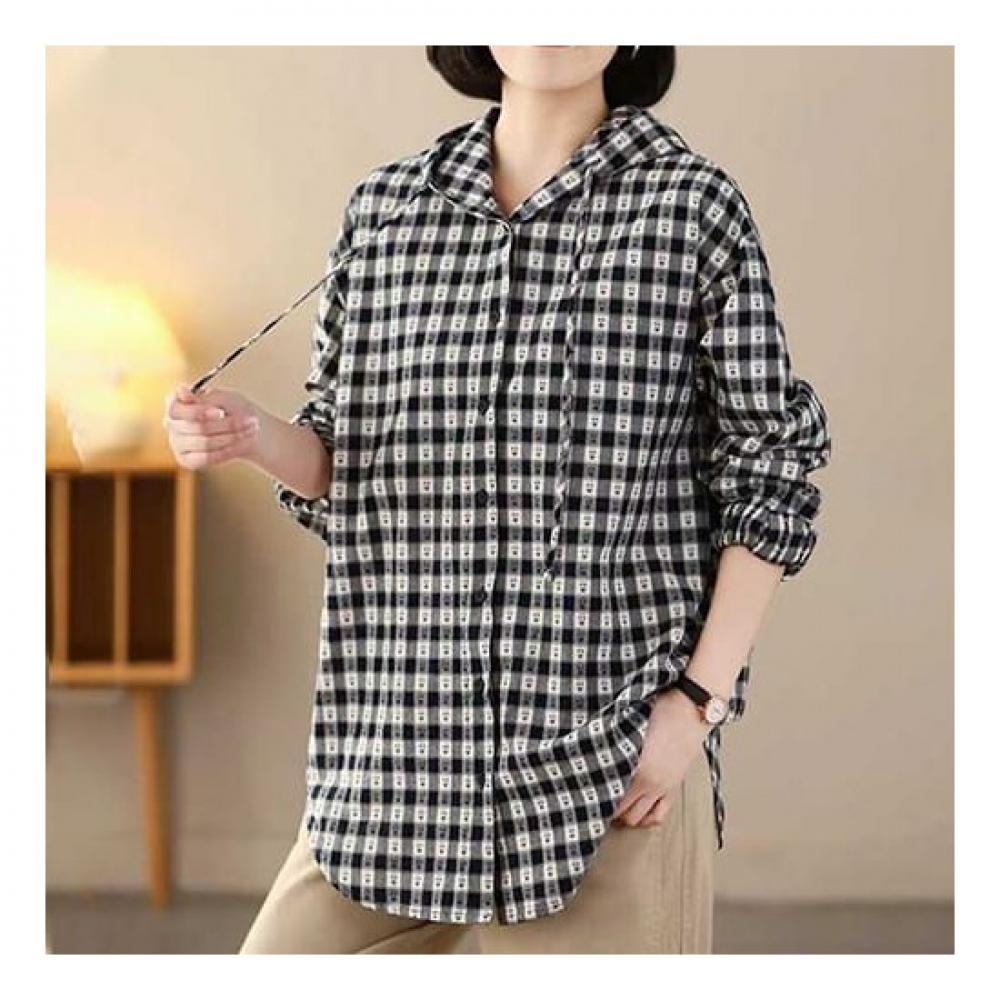 Navava Long Sleeve Hooded Shirt Retro Casual Check Nb1959
