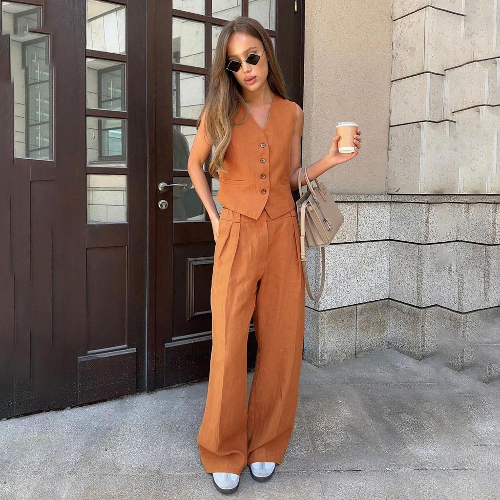 Zweiteiliges Set für Damen, Weste, ärmelloses Hemd, hohe Taille, Kordelzug, Hose, große Größe, modische Anzüge