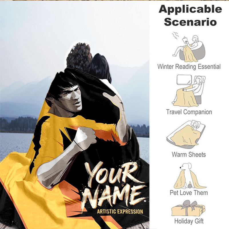 1PC Custom Name Blanket Dynamic Bruce-Lee Pose Flannel blankets Patterns Throw Blanket All-Season Soft Gift for Couch, Bed, Camping, Birthday gifts