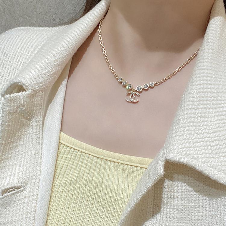 Chanel 21B Silver Double C Logo Rhinestone Necklace Women Necklace AB7026-B06561-NF089