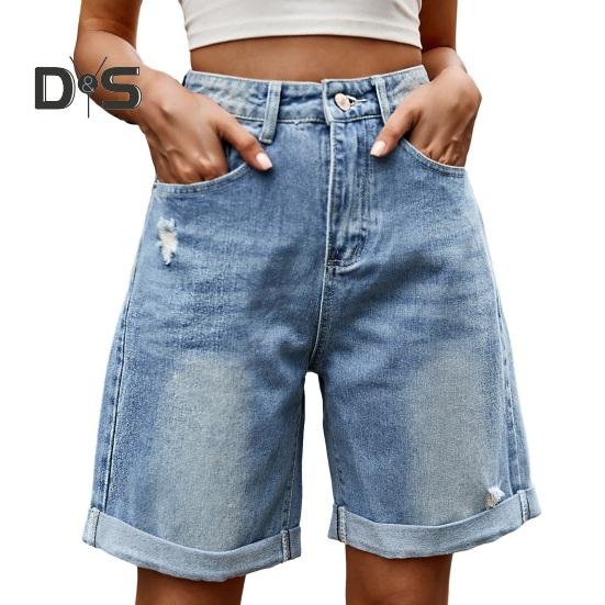 Καλοκαιρινά Γυναικεία Τζιν Σορτς Μήκους Μέχρι το Γόνατο Με Μέση που Φτάνει Μέχρι τη Μέση Ελαστικά Καθημερινά Φαρδιά Ίσια Πόδια Ξεβαμμένα με Μανσέτες Τζιν Σορτς Παντελόνια με Τσέπες