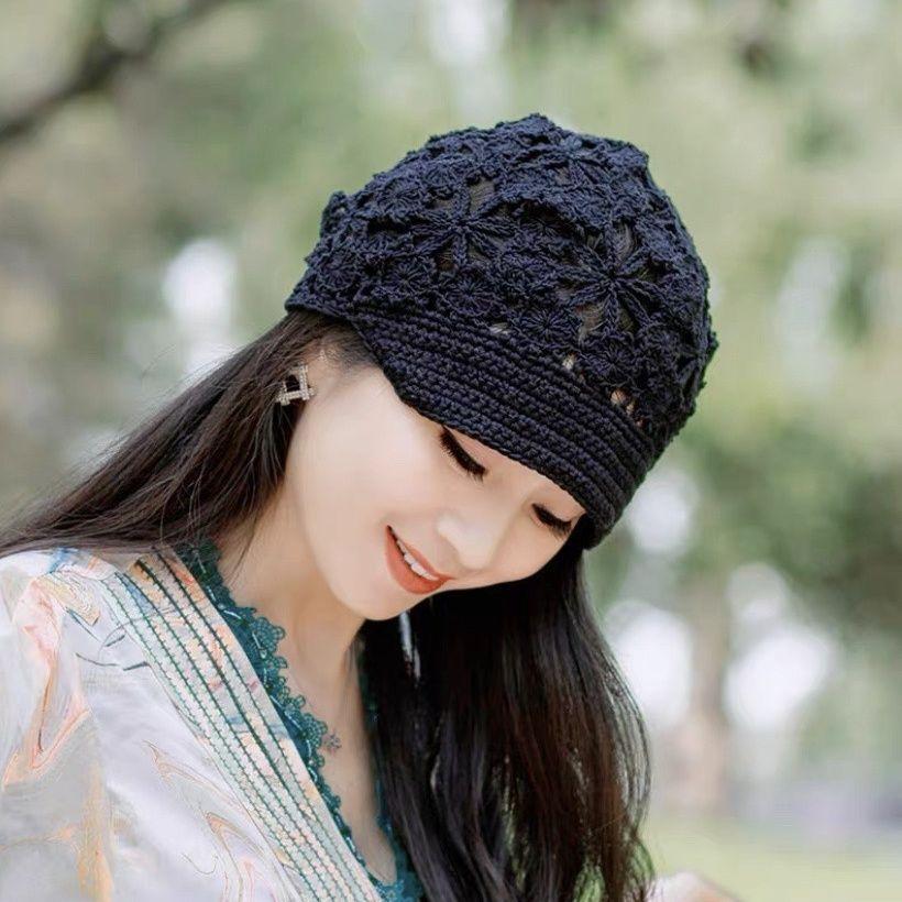 Women's Handmade Hollow Knit Visor Beanie Short Brim Face Slimming Head Wrap Hat Elegant Hair Loss Covering Cap