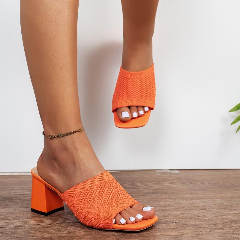 Flying Woven High-heeled Slippers Women's Summer New Large-size Square-headed Thick-heeled Lazy Open-toed Cool Slippers
