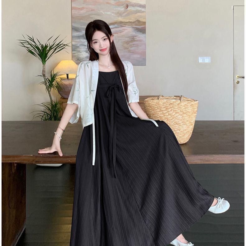 Plus Size Women's Chinese Style Waist-Cinching Camisole Dress & Fairy Cardigan Set