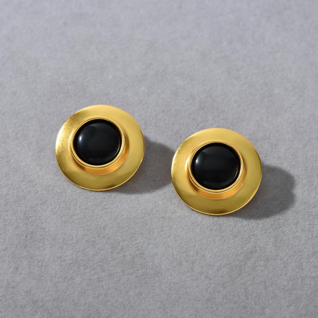 Vintage Copper Plated 18K Real Gold Inlaid Black Agate Hat Shape S925 Silver Needle Stud Earrings Trendy Temperament Earrings