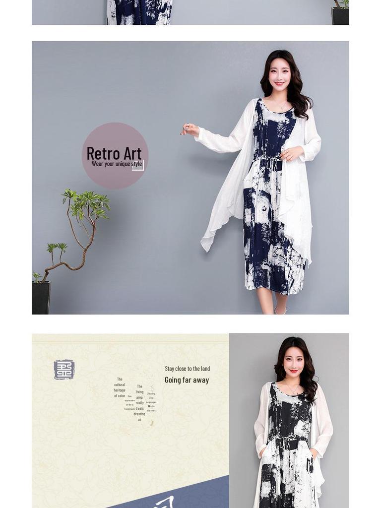 Summer Ethnic Ink Print Dress & Cardigan Set