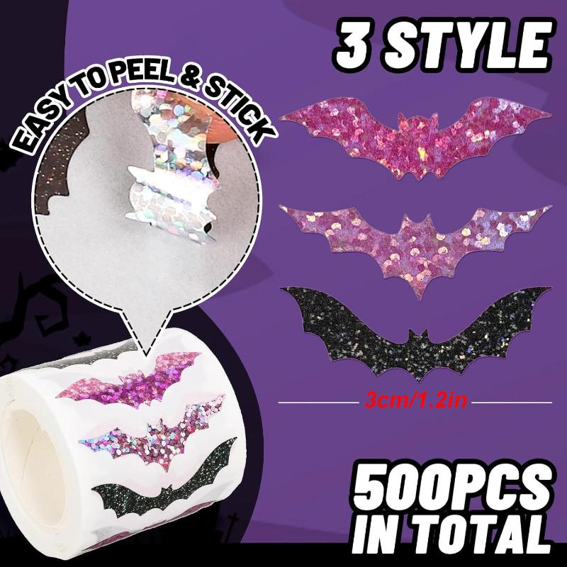 

500Pcs/Roll Laser Black Bat Waterproof Glitter Self-Adhesive Decals Halloween Bat Stickers For Party Scrap Diy Accessories A2