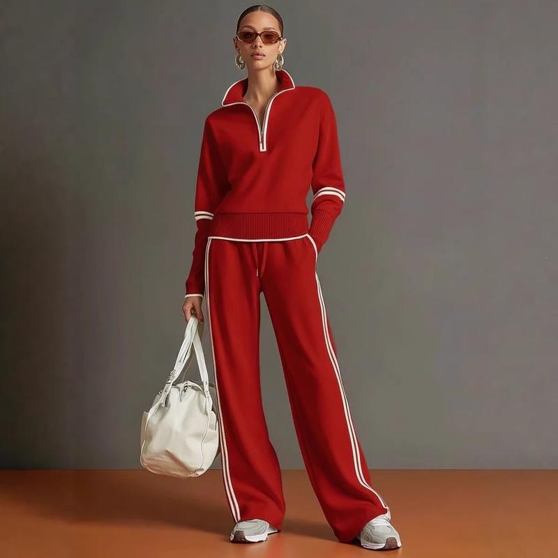 Women Two Piece Tracksuit Set Half Zip Stand Collar Sweatshirt Drawstring Wide Leg Pants Contrast Stripe Casual Sportswear