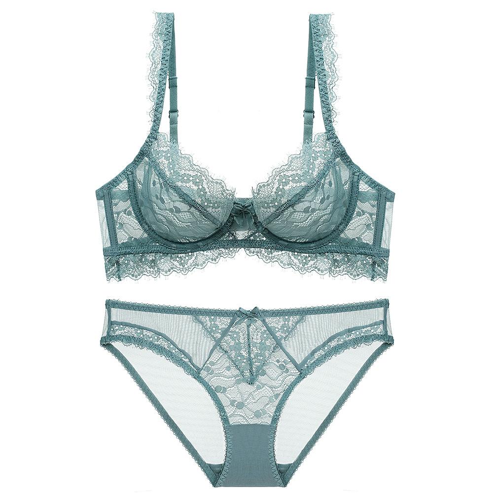 Ultra-thin sponge-free transparent bra, big chest and small lace bra, women's sexy underwear, bra set.