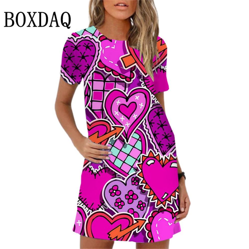 Elegant and sweet love pattern printed mini dress for women and girls, short sleeved, summer, spring, oversized sun dress