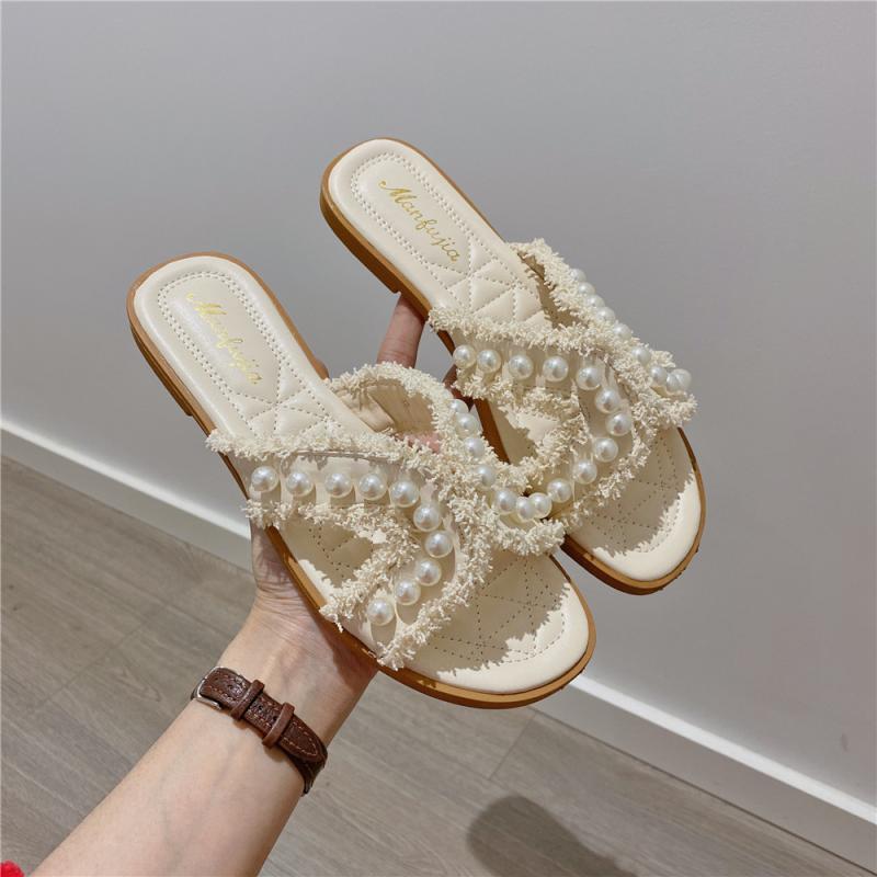 Fairy Wind Pearl Slippers Female Summer Wear 2025 Summer New Korean Version of One-word Drag Flat-soled Soft-soled Beach Shoes Female