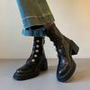 thick-soled Martin boots women's high-heeled badge metal buckle rear zipper elastic thin boots non-slip
