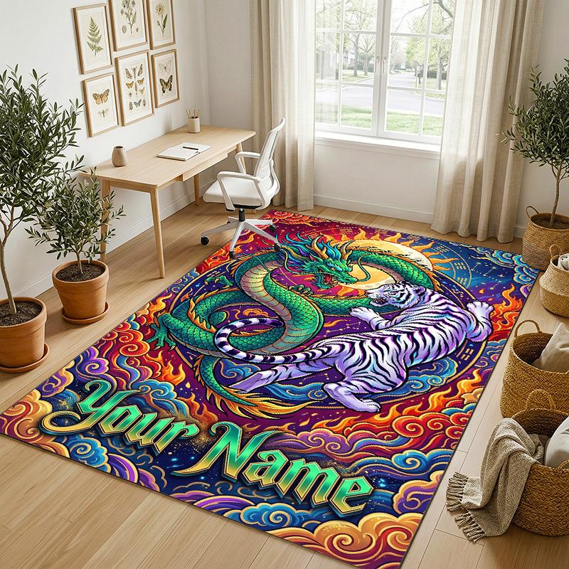 Dragon Phoenix Theme Crystal Velvet Rug Personalized Custom Name Text Soft Floor Mat Home Decor