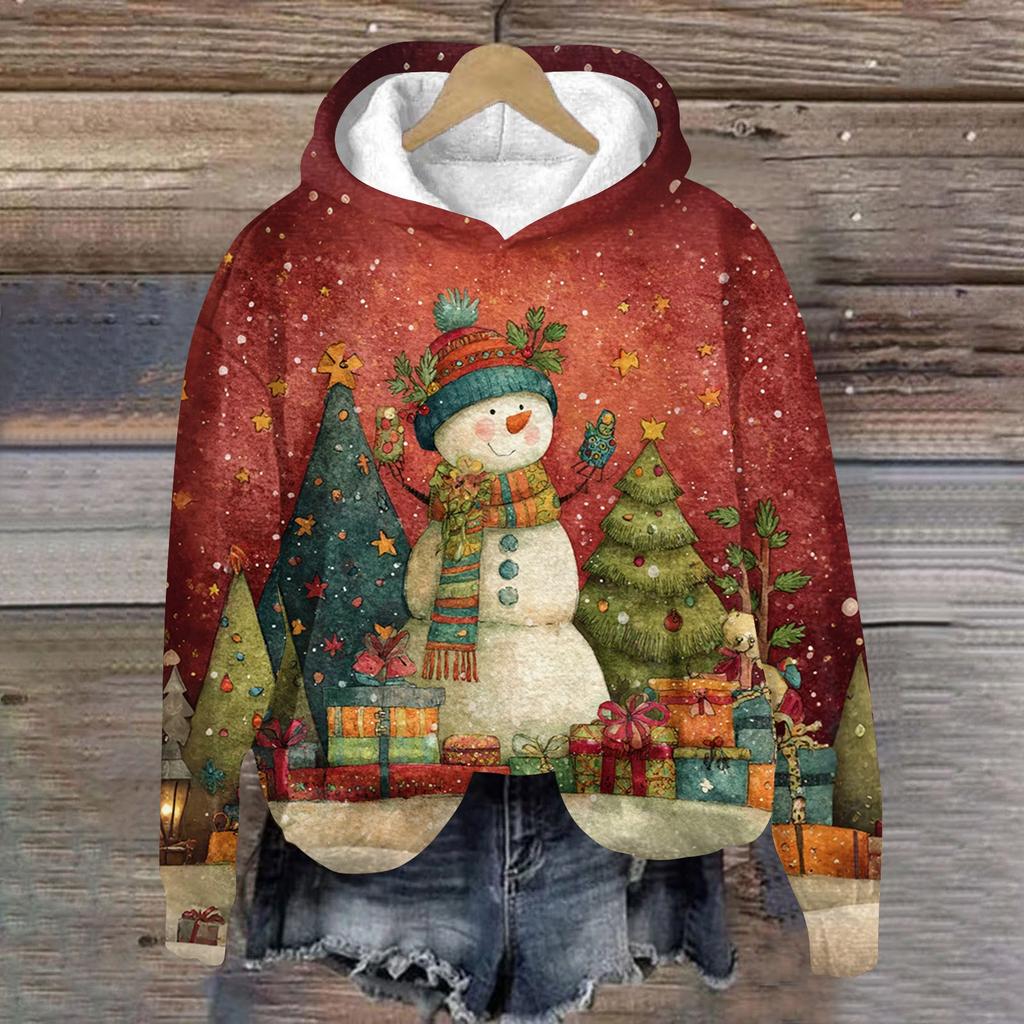 Women's Fashion Long Sleeve Christmas Print Loose Hooded Sweatshirt Top