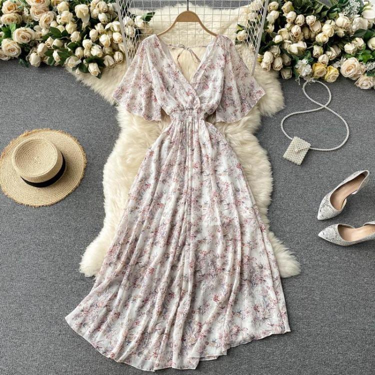 Women Floral Summer Short Sleeve V Neck A Line High Waist Ruched Long Dress